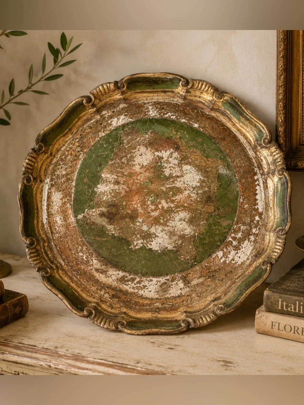 Vintage Italian Florentine Gilt Tray Green Gold Ornate Rococo Tole Style 13”